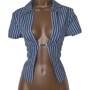 New Small Blue Pinstripe Short Sleeve Open Front Crop Top Metal Clasp Closure